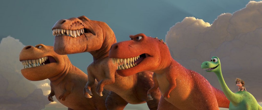 A TRIO OF T-REXES ? An Apatosaurus named Arlo must face his fears?and three impressive T-Rexes?in Disney?Pixar?s ?The Good Dinosaur.? Featuring the voices of AJ Buckley, Anna Paquin and Sam Elliott as the T-Rexes, ?The Good Dinosaur? opens in theaters nationwide Nov. 25, 2015. ?2015 Disney?Pixar. All Rights Reserved.